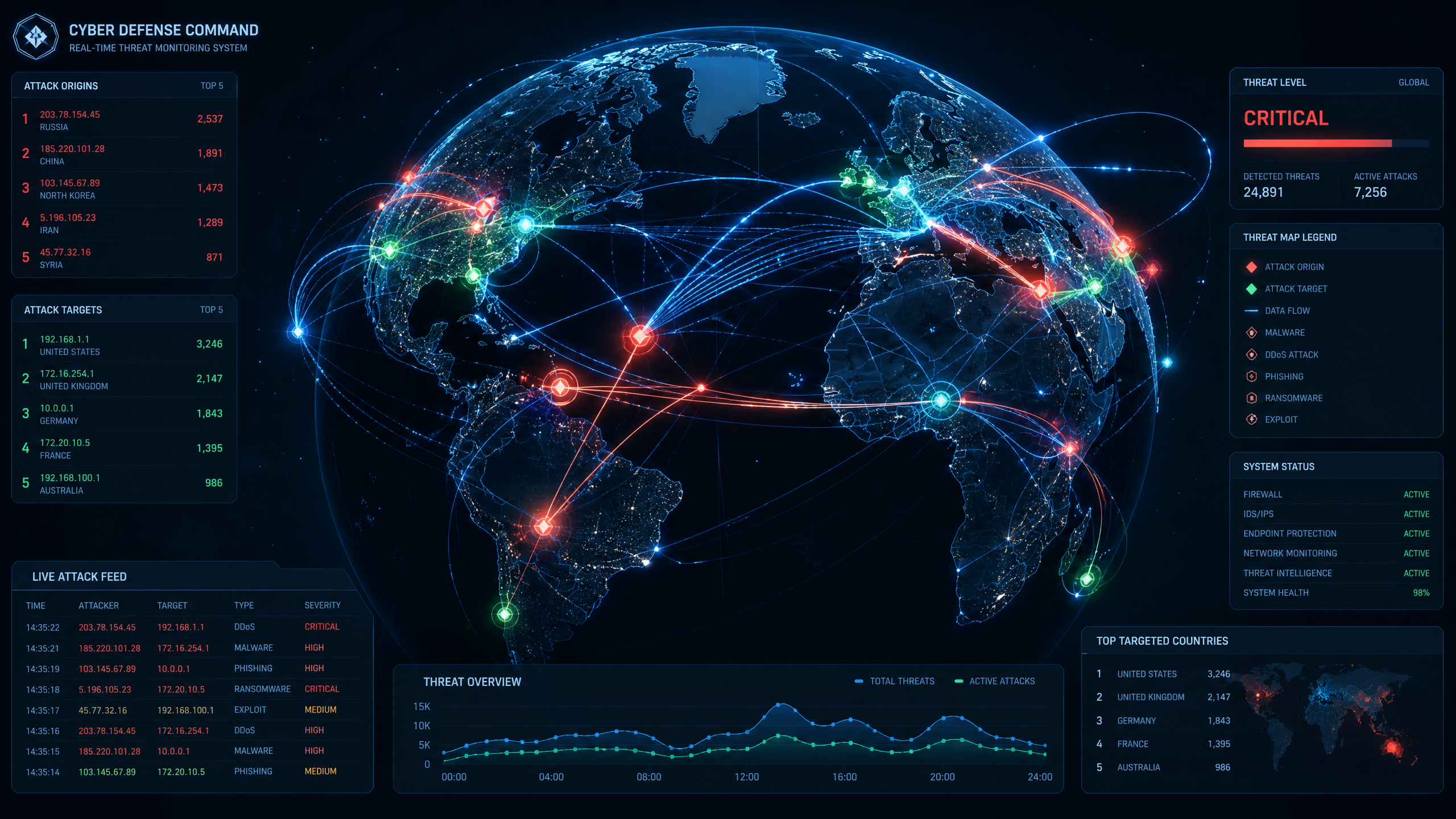 全球网络威胁实时态势感知地图，显示攻击源与目标连线